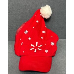 Walmart Red Mesh Santa Hat Baseball Cap Snowflake Logo Pom Pom Christmas Holiday